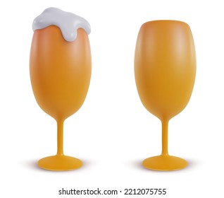 3d realistic empty and full glass of beer isolated on white background. Set design elements in modern cartoon style. Vector illustration.