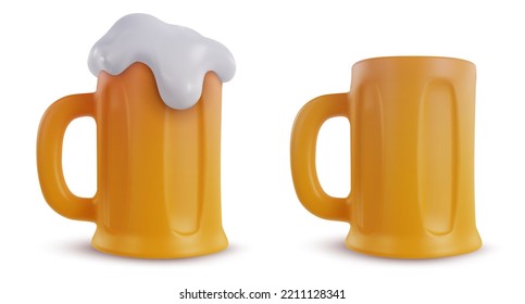 3d realistic empty and full mug of beer isolated on white background. Set design elements in modern cartoon style. Vector illustration.