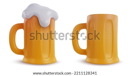 3d realistic empty and full mug of beer isolated on white background. Set design elements in modern cartoon style. Vector illustration.