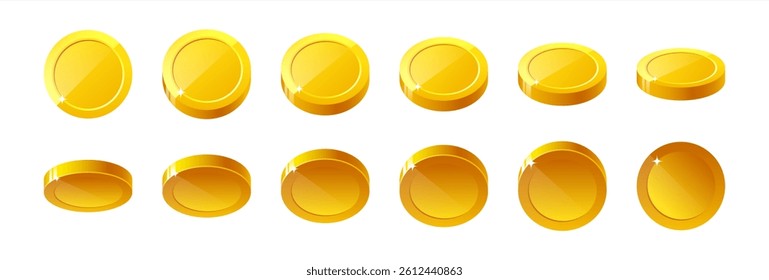 3d realistic empty gold coin rotating animation. Money cash for gambling games, treasure, finance or casino jackpot concept. Golden coins currency top, side and perspective view, vector 10 eps.