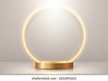 Soporte de podio de oro vacío realista en 3D con un brillante fondo de iluminación de círculo dorado y brillo en un estilo de lujo de fondo beige. Anillo de fondo en la habitación de estudio. Se puede usar para el simulador cosmético presente