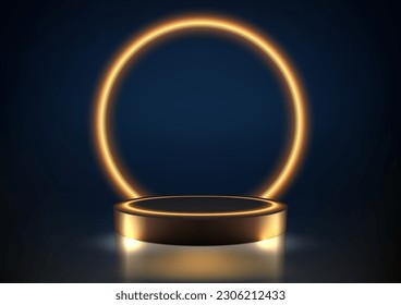 Soporte de podio de oro vacío realista 3D con un brillante círculo dorado iluminado con luz de neón fondo sobre el fondo azul oscuro estilo lujoso. Uso para la burla cosmética. Vector