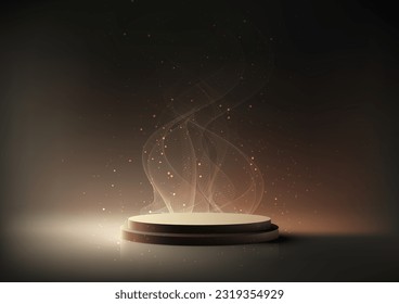 3D realistic empty gold podium stand with smoke and dust particles elements scene on dark background with lighting effect luxury style. Use for product display presentation, cosmetic display. Vector