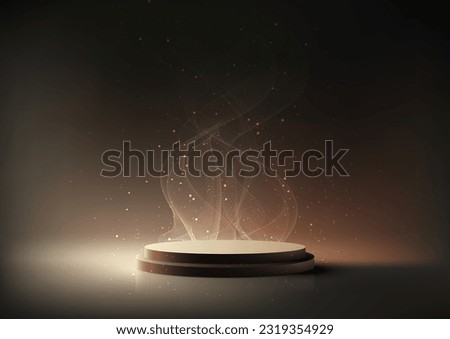 3D realistic empty gold podium stand with smoke and dust particles elements scene on dark background with lighting effect luxury style. Use for product display presentation, cosmetic display. Vector