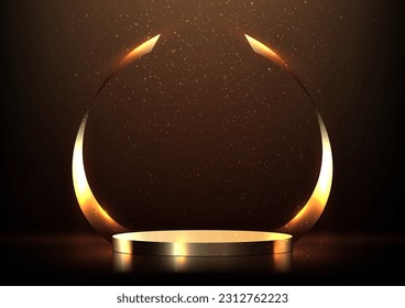 Decoración de premios 3D real de podio dorado con cintas doradas sobre fondo negro y efecto de iluminación estilo lujoso moderno. Uso para presentación de productos maquillaje, cosmética de belleza, escaparate