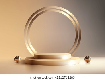 3D realistic empty golden podium with gold circle backdrop decoration with gold balls on gold background and lighting modern luxury style. Use for product display presentation mockup, beauty cosmetic