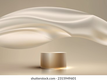 3D realistic empty golden podium stand with gold silk cloth fabric backdrop on clean background modern luxury style. Use for beauty cosmetic presentation, showcase mockup, showroom, product. Vector