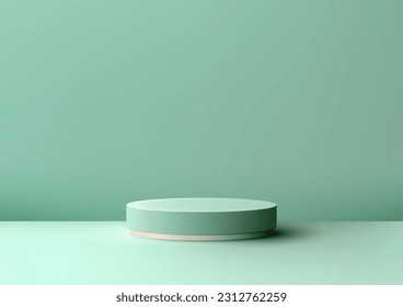 El podio 3D realista verde y vacío de podio pastel se apoya en un fondo mínimo de la pared de la escena verde de la menta. Uso para la presentación de productos cosméticos de simulación, promoción, venta y comercialización, etc., Ilustración vectorial