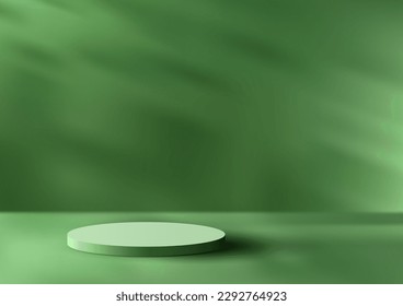 3D realistic empty green podium stand studio room background and leaf shadow. You can use for product presentation, cosmetic display mockup, showcase, media banner, etc. Vector illustration