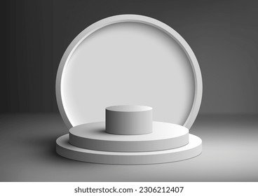 3D grupo vacío realista de pantalla de plataforma de soporte de podio blanco con fondo de círculo sobre fondo gris. Uso para presentación de productos maquillaje, cosmética de belleza, escaparate, etc Vector