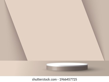 3D realistic empty light brown and white round pedestal mockup overlapped on diagonal backdrop. Stage floor for your graphic. Studio room showcase of modern interior design. Vector illustration