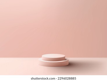 El podio 3D realistas de color rosa claro vacío se apoya en una escena de pared mínima sobre fondo limpio. Se puede utilizar para presentaciones estéticas de belleza, maquillaje de escaparates, sala de exposición, promoción de stand de productos, etc. Vector