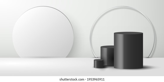 3D realistic empty minimal black cylinder shape and white backdrop on clean studio room background minimal design with ring backdrop and lighting. Scene to show cosmetic showcase, shop front, display
