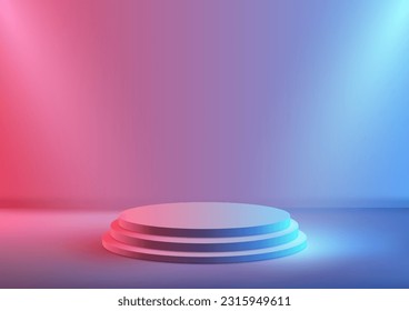 3D realistic empty neon colors podium stand steps with spotlight on pink and blue gradient background modern minimal style. Use for technology presentation, showcase mockup, showroom, product. Vector