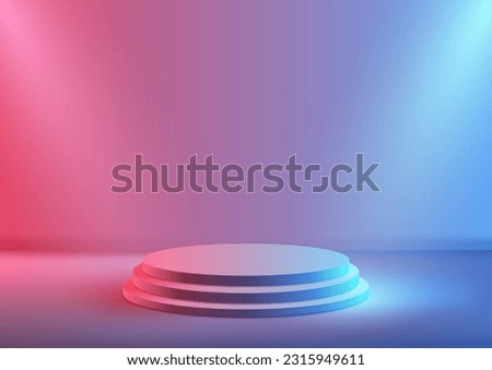 3D realistic empty neon colors podium stand steps with spotlight on pink and blue gradient background modern minimal style. Use for technology presentation, showcase mockup, showroom, product. Vector