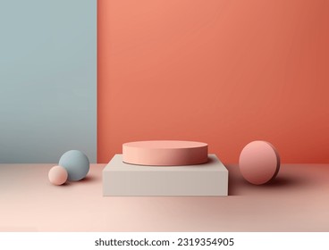 3D realistic empty pastel color podium pedestal stand decoration with circles elements on pastel background. Use for product display, cosmetic display mockup, showcase, media banner, etc. Vector