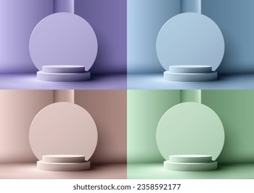 3D realistic empty pastel colors podium stand with circle backdrop on soft colors background. Use for beauty cosmetic presentation, showcase mockup, showroom, product stand. Vector illustration