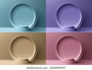 3D realistische, leere Pastellfarben Podiumständer mit kreistransparentem Glashintergrund auf Hintergrund. Produktanzeige für kosmetische Schönheitswerbung. Vektorgrafik