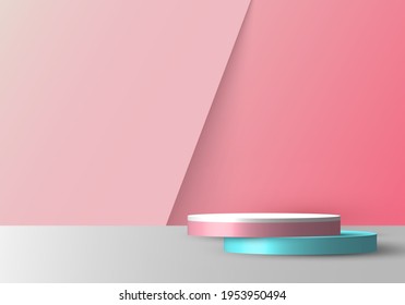 3D realistic empty pink, blue and white round pedestal mockup overlapped on soft pink backdrop. Stage floor for your graphic. Studio room showcase of modern interior design. Vector illustration