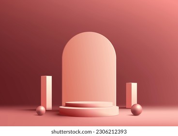 3D realistic empty pink podium stand on pink background decoration with rounded backdrop geometric elements and balls. Use for presentation, cosmetic product display beauty mockup, showcase. Vector