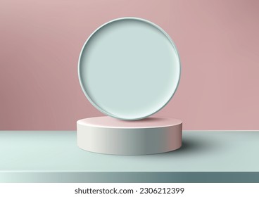 3D realistischer leerer rosafarbener Podiumständer mit blauem Hintergrund minimaler Wandszene auf rosafarbenem pastellfarbenem Hintergrund. Verwenden Sie für Produktpräsentation, Kosmetikmock-Up, Showcase, Medienbanner. Vektorgrafik
