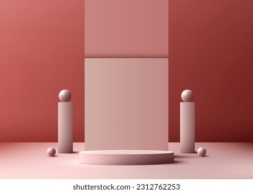 El podio 3D realistas de color rosa vacío se apoya sobre la decoración de fondo rosa con elementos geométricos de fondo y bolas de esfera. Uso para presentación, producto cosmético muestra maquillaje de belleza, escaparate. Vector