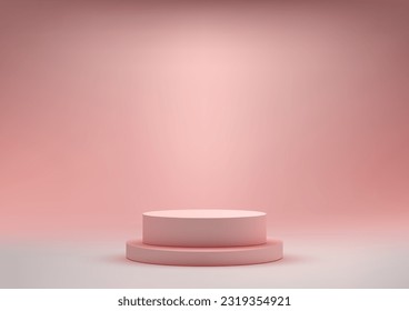 3D-realistisches leeres rosa Podium Standbein auf rosafarbenem Hintergrund. Verwendung für Produktpräsentation, Kosmetikmusterung, Showcase usw. Vektorgrafik