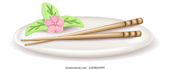 3d realistic empty plate decorated with sakura flower. Serving dish with hashi