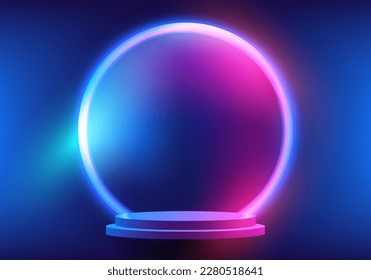 3D realistic empty podium floating in the air with circles blue and pink glowing neon light backdrop on blue background technology style. Product display for banner mockup, showroom, showcase, present