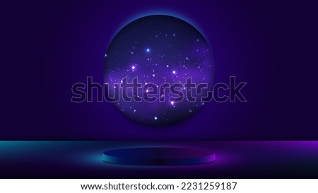3D realistic empty podium pedestal neon lights colors with world circle blue night space cosmos nebula and shining star magic galaxy scene. Vector illustration