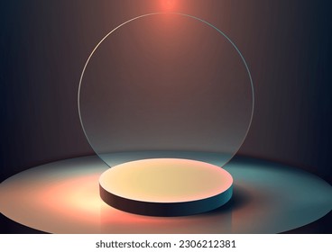 Plataforma de podio 3D vacía realista con fondo de círculo de vidrio transparente sobre fondo oscuro con iluminación. Uso para presentación de productos maquillaje, cosmética de belleza, escaparate, etc Vector