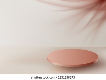 3D realistic empty podium with shadows of tropical palm leaf minimal wall scene on beige background. You can use for cosmetic products mock up, presentation template design, pedestal display, etc.