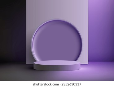 3D realistic empty purple podium stand with circle backdrop on purple background and natural lighting modern style. Use for beauty cosmetic presentation, showcase mockup, showroom. Vector illustration