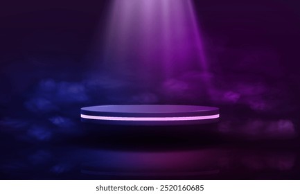 3D realistic empty purple podium for advertising product display. Blue and purple color mist clouds, spotlight and pedestal.