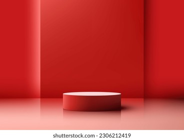 3D realistic empty red podium pedestal stand minimal wall scene on red background. Use for product display presentation, cosmetic display mockup, showcase, media banner, etc. Vector illustration