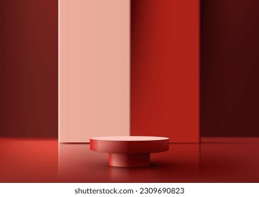 3D realistic empty red podium platform or table with red geometric backdrop on red background and natural lighting modern luxury style. beauty cosmetic presentation, showcase mockup, showroom, product