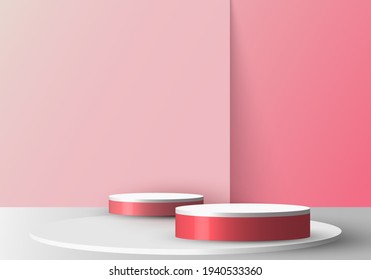3D realistas mofa de peatones rojos y blancos redondos sobre un fondo rosa suave. Plano de etapa para el gráfico. Sala de estudio con un diseño interior moderno. Ilustración del vector