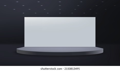 3d realistic empty stage with screen on dark background. Product presentation mockup