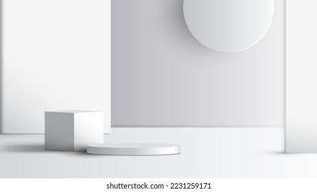 3D realistic empty studio room white and gray podium cylinder pedestal decoration partition and circle frame on clean background. You can use for minimal scene product display presentation platform.