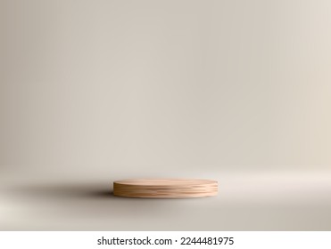 3D realistic empty studio room wooden cylinder podium pedestal stand on minimal wall scene beige background. Product display for cosmetic, showroom, showcase, presentation, etc. Vector illustration