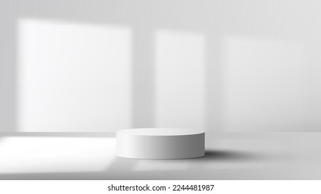 3D realistic empty studio room white cylinder podium stand with window lighting shadow on clean scene background minimal style. Product display for cosmetic, showroom, showcase, presentation, etc.