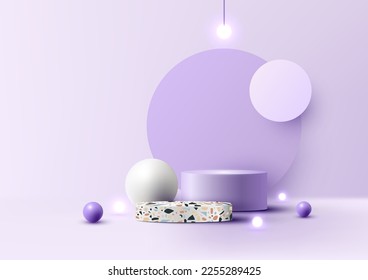 3D realistic empty studio room top of terrazzo surface white and purple cylinder podium stand with circle backdrop decoration sphere light balls on minimal wall scene purple background.