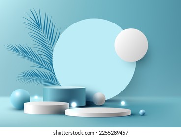 3D real sala de estudio vacía base de podio de cilindro blanco y azul con decoración de fondo circular bolas de luz de esfera y hojas de palma sobre fondo azul de la escena de la pared mínimo. Pantalla de producto