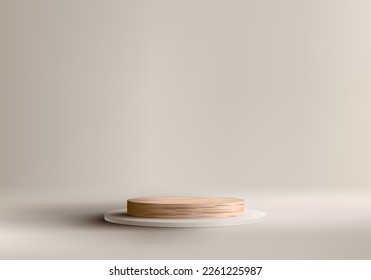 3D realistic empty studio room wooden cylinder podium pedestal stand minimal wall scene on beige background. Product display for cosmetic, showroom, showcase, presentation, etc. Vector illustration