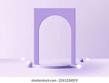 3D realistic empty studio room purple cylinder podium stand and door backdrop decoration with white, violet sphere and light balls on minimal wall scene purple background. Product display for cosmetic