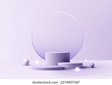 3D real vacío grupo de estudio de sala de cilindro morado podio soporte transparente de vidrio de fondo decoración con bolas de luz de esfera sobre fondo púrpura de la escena de la pared mínima. Pantalla de producto