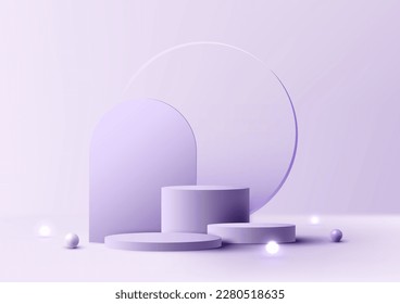 3D realistic empty studio room group of purple cylinder podium stand transparency glass circle backdrop decoration with sphere light balls on minimal wall scene purple background. Product display