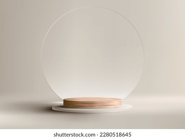 3D realistic empty studio room wooden cylinder podium pedestal stand with transparent glass circle backdrop on beige background. Product display for cosmetic, showroom, showcase, presentation, etc.