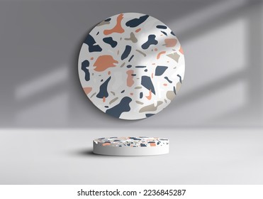 3D realistic empty terrazzo top surface on white podium pedestal stand on white background with lighting window and shadow minimal style. You can use for product presentation, cosmetic display mockup
