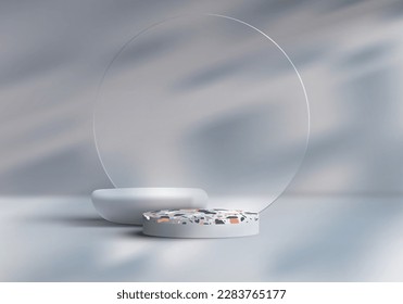 3D realistic empty terrazzo top surface on white podium and stone pedestal stand with circle glass transparent on white background with lighting and leaf shadow minimal luxury style.